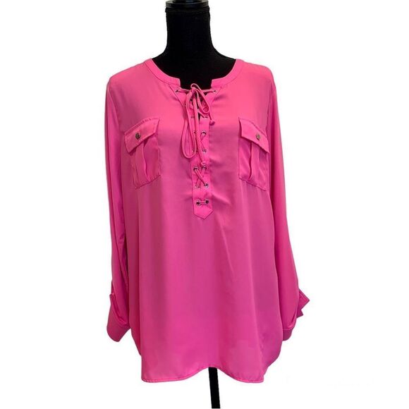 NYGARD neon pink roll tab long sleeve lace-up blouse Sz L - Picture 1 of 9